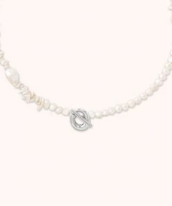 Astrid & Miyu Serenity Pearl Beaded T-Bar Necklace In Silver New In