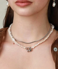 Astrid & Miyu Serenity Pearl Beaded T-Bar Necklace In Silver New In