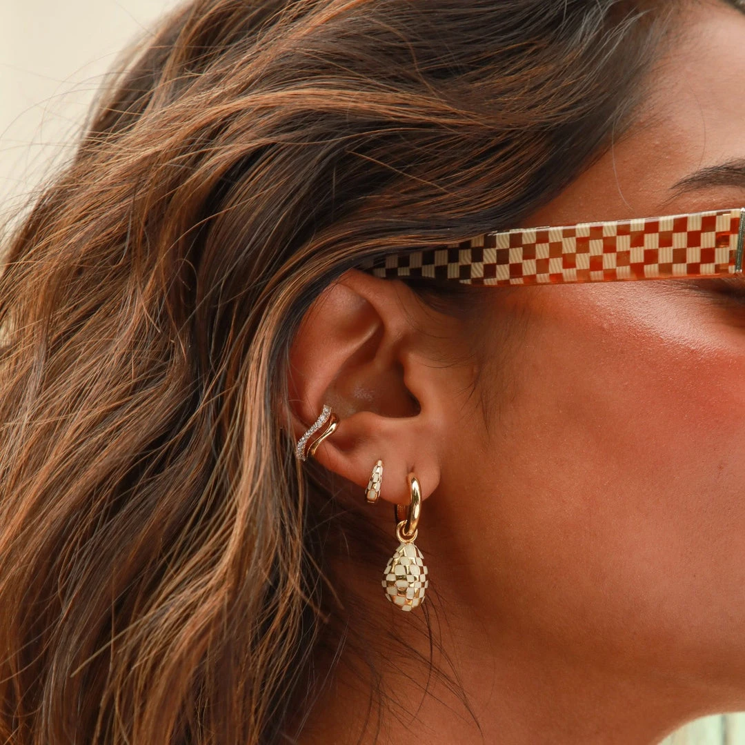 Astrid & Miyu Checkerboard Pendant Hoops In Gold 6 Astrid & Miyu Checkerboard Pendant Hoops In Gold