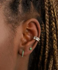 Astridandmiyu May Birthstone Huggies In Silver With Emerald CZ