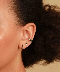 Astrid & Miyu Sale Black Crystal Huggies In Silver