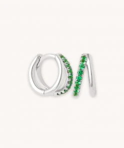 Astrid & Miyu Duo Emerald Huggies In Silver Earrings