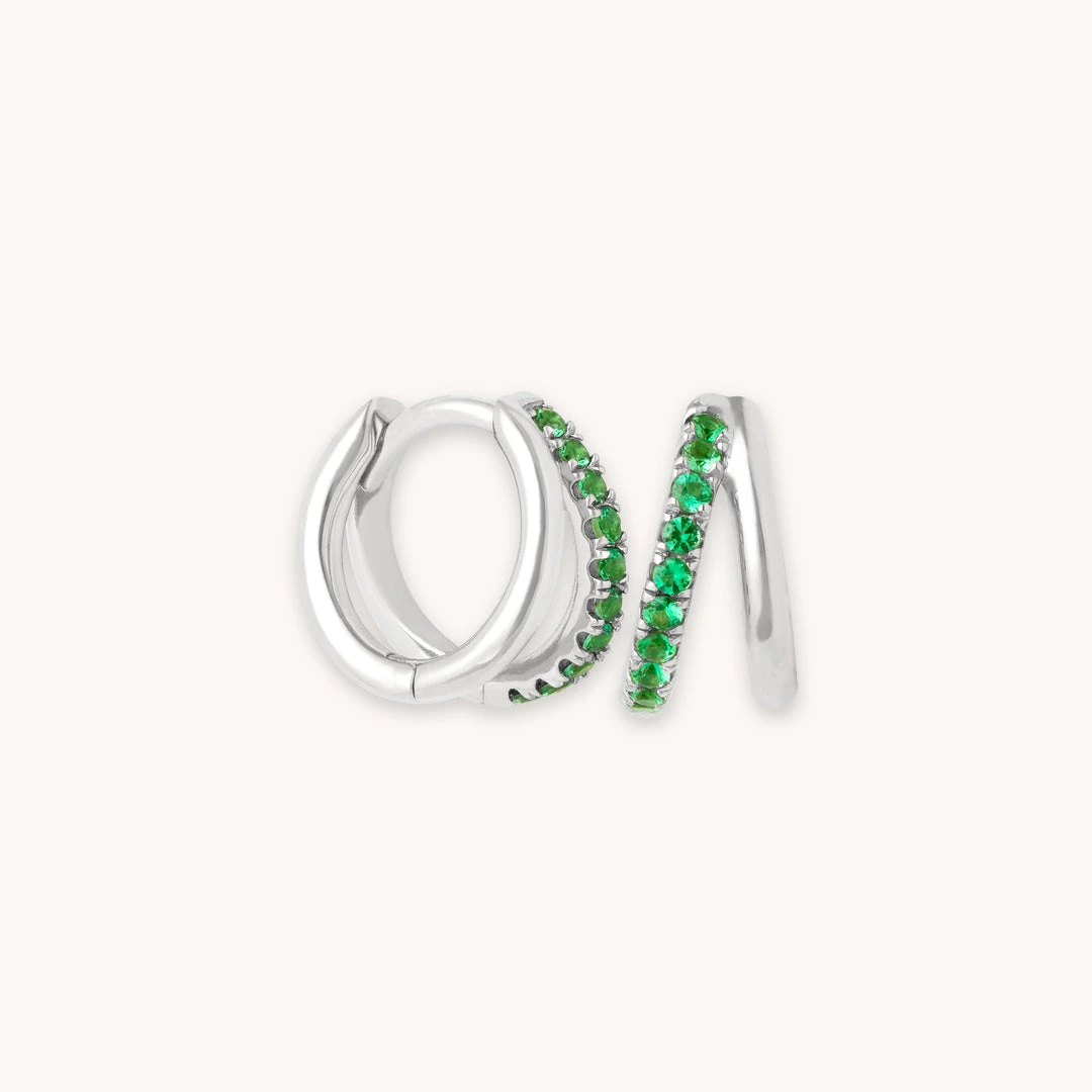 Astrid & Miyu Duo Emerald Huggies In Silver Earrings 3 Astrid & Miyu Duo Emerald Huggies In Silver Earrings