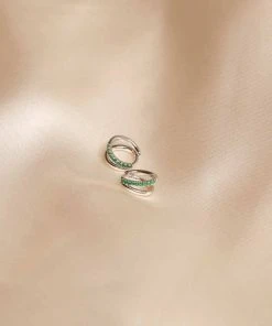 Astrid & Miyu Duo Emerald Huggies In Silver Earrings 8 Astrid & Miyu Duo Emerald Huggies In Silver Earrings