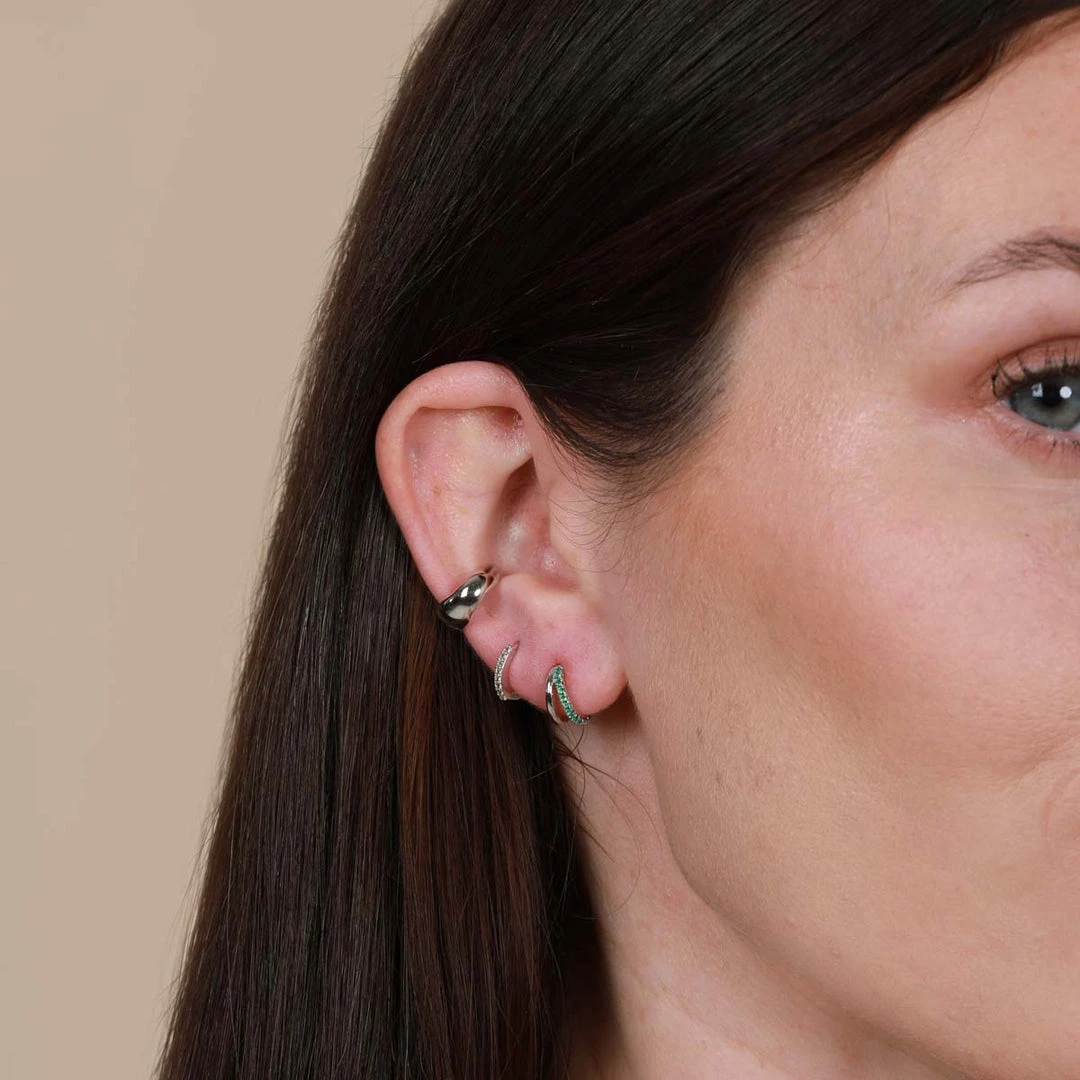 Astrid & Miyu Duo Emerald Huggies In Silver Earrings 6 Astrid & Miyu Duo Emerald Huggies In Silver Earrings