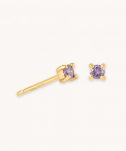 Astrid & Miyu February Birthstone Stud Earrings In Gold With Amethyst CZ