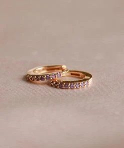 Astrid & Miyu February Birthstone Huggies In Gold With Amethyst CZ 8 Astrid & Miyu February Birthstone Huggies In Gold With Amethyst CZ