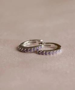 Astrid & Miyu February Birthstone Huggies In Silver With Amethyst CZ Birthstone Earrings