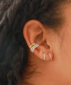 Astrid & Miyu New In Wave Mint Enamel Ear Cuff In Gold