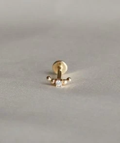 Astrid & Miyu Beaded Curved Piercing Stud In Solid Gold