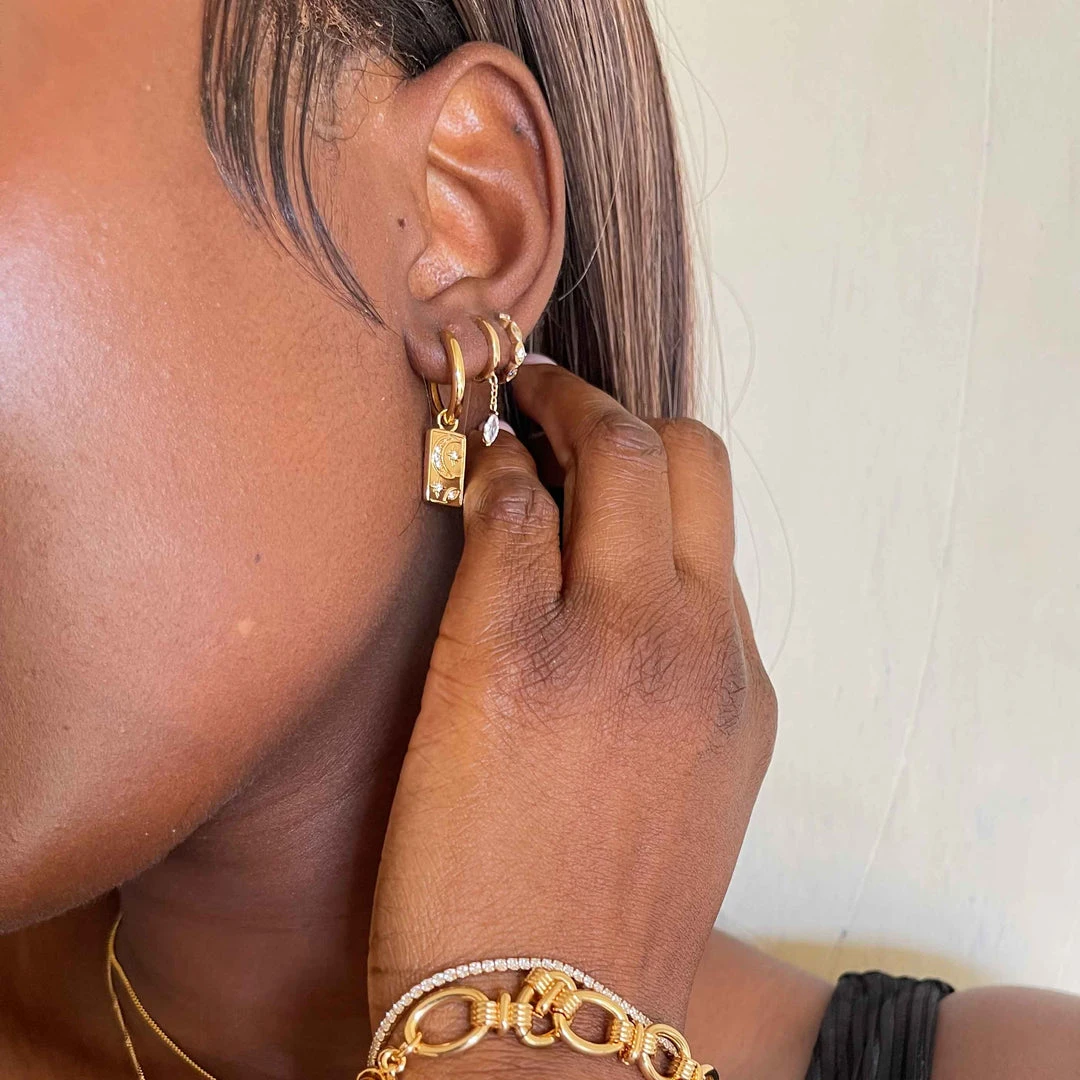 Astrid & Miyu Navette Long Chain Huggies In Gold Sale 7 Astrid & Miyu Navette Long Chain Huggies In Gold Sale