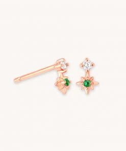 Astrid & Miyu Cosmic Emerald Stud Earrings In Rose Gold