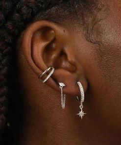 Astrid & Miyu Best Sellers Crystal Star Hoops In Silver